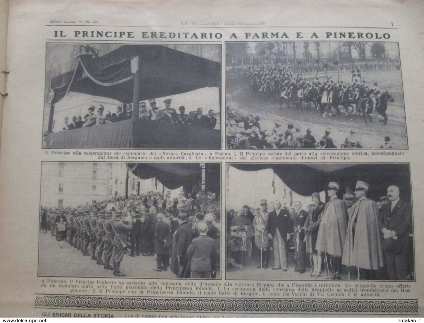 # DOMENICA DEL CORRIERE N 22 1929 SOVRANI D'ITALIA A RODI / CAPRINO VERONESE / PARMA / PINEROLO - Erstauflagen