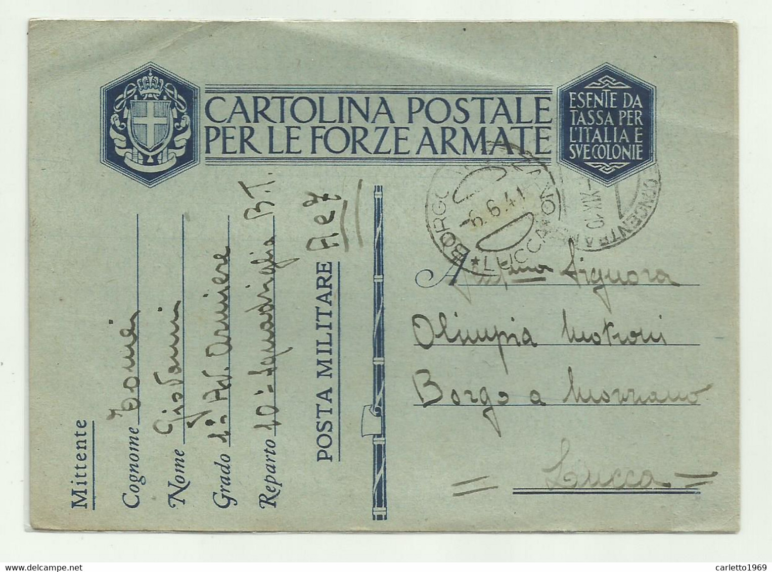 CARTOLINA POSTALE FORZE ARMATE 1 AV. ARMIERE 10 SQUADRIGLIA B.T. DA TRIPOLI 1941 - Stamped Stationery