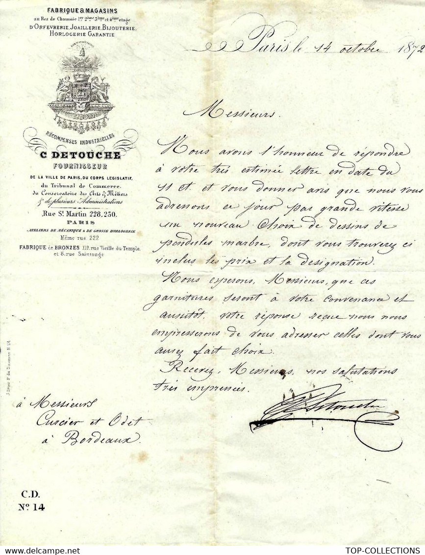 ENTETE C.DETOUCHE BIJOUTIER HORLOGER Paris VOIR HISTORIQUE LETTRE à MM. CURCIER ET ADET Bordeaux V.SCANS - 1800 – 1899