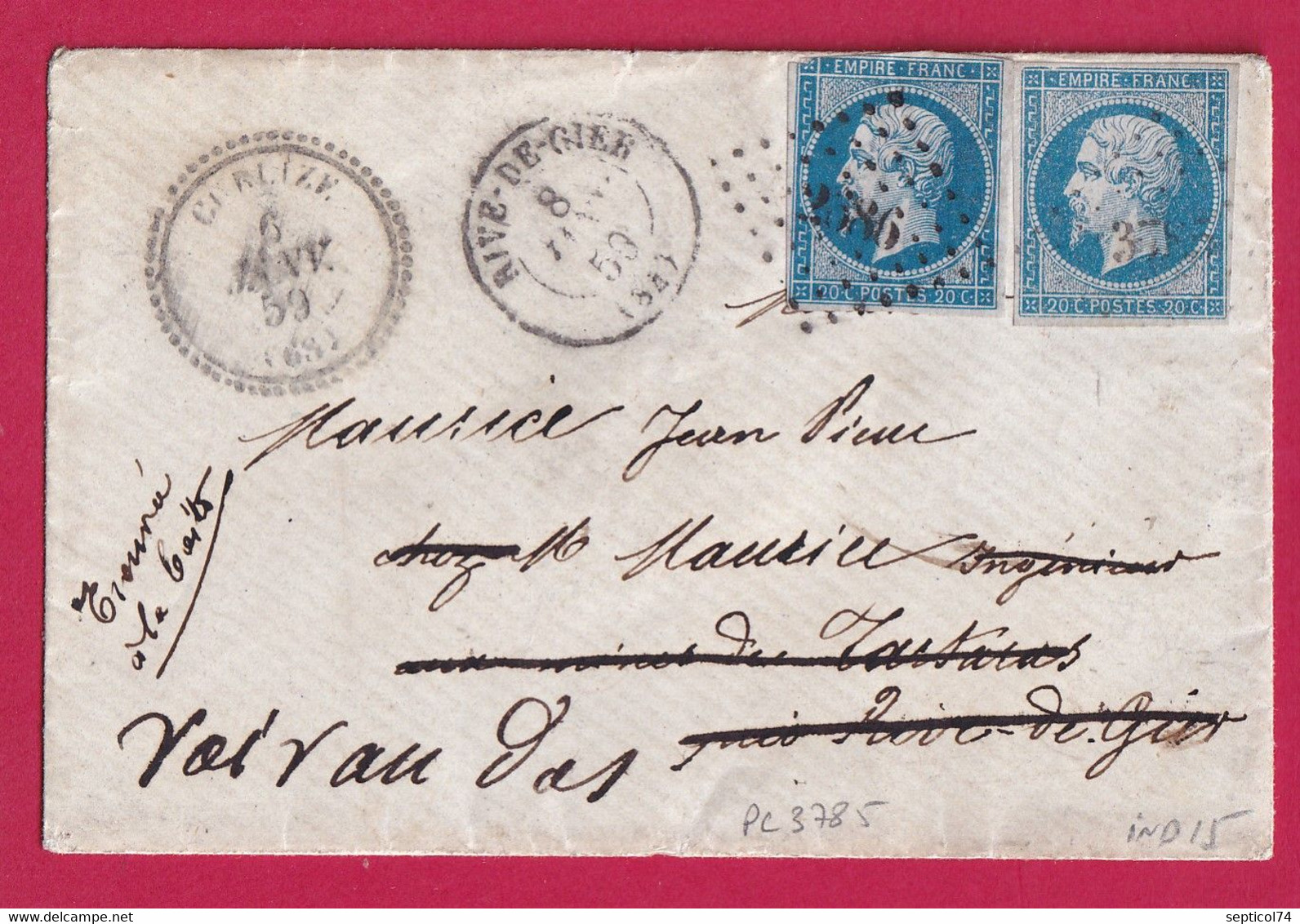 N°14 PC 3785 CUBLIZE RHONE TYPE 22 + REEXPEDITION N°14 PC 2686 RIVE DE GIER LOIRE POUR ST ETIENNE TROUVE A LA BOITE - 1849-1876: Klassik