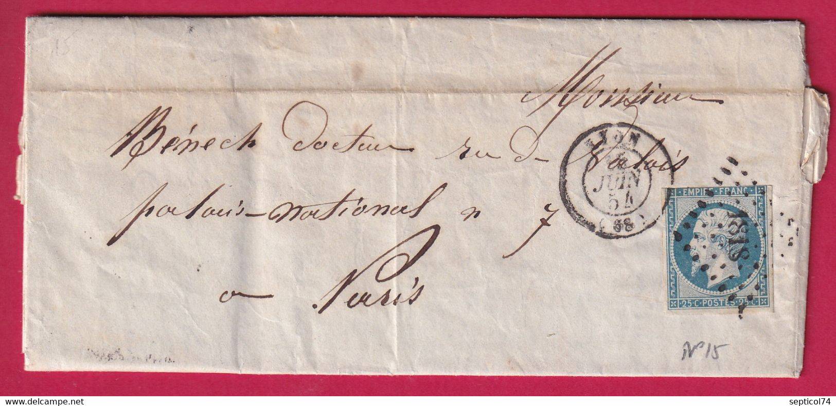 N°15 PC 1818 LYON RHONE POUR PARIS LETTRE COVER FRANCE - 1849-1876: Klassik