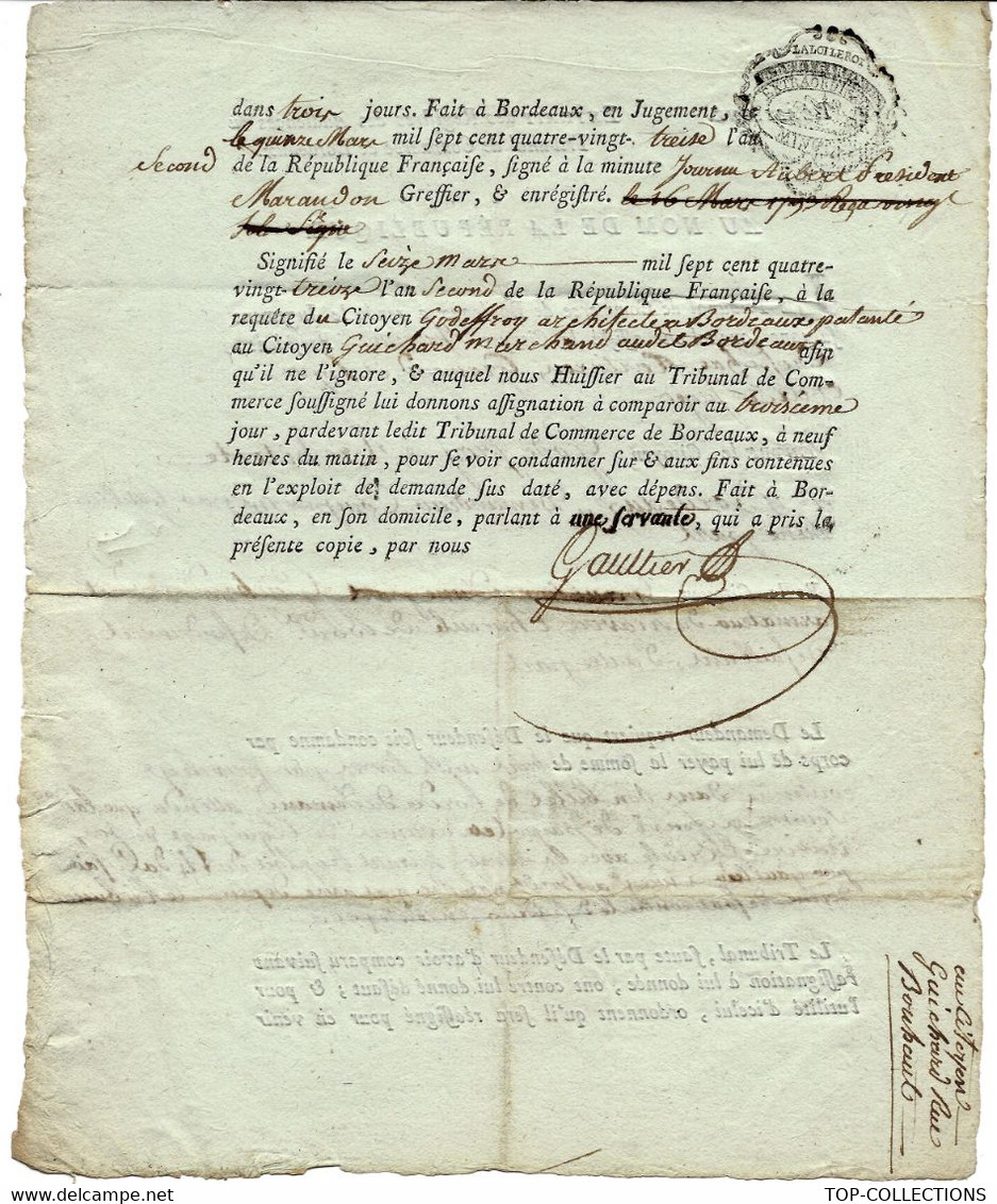 1793 TRIBUNAL   BORDEAUX  LITIGE Godefroy Architecte Bordeaux Construction Vaisseau L’Hercule  Et GUICHARD ARMATEUR - 1800 – 1899