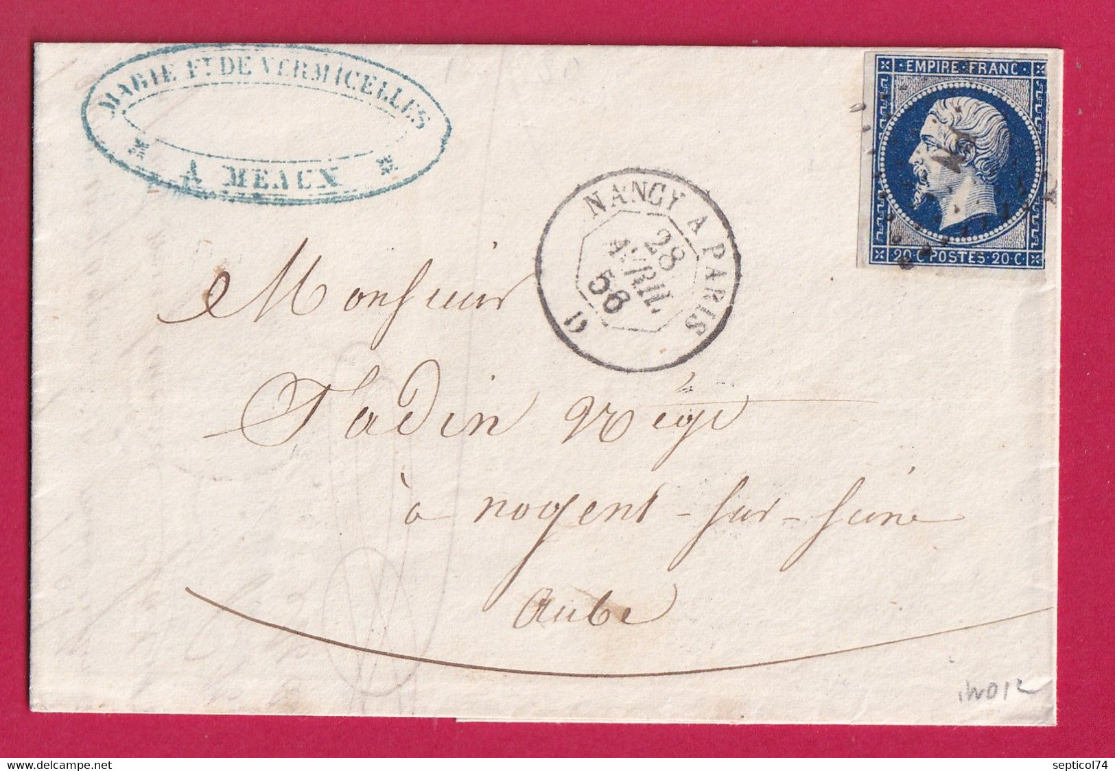 N°14 BLEU NOIR AMBULANT DE JOUR NANCY A PARIS LOSANGE PN 1856 DEPART MEAUX NOGENT SUR AUBE LETTRE COVER FRANCE - 1849-1876: Klassik