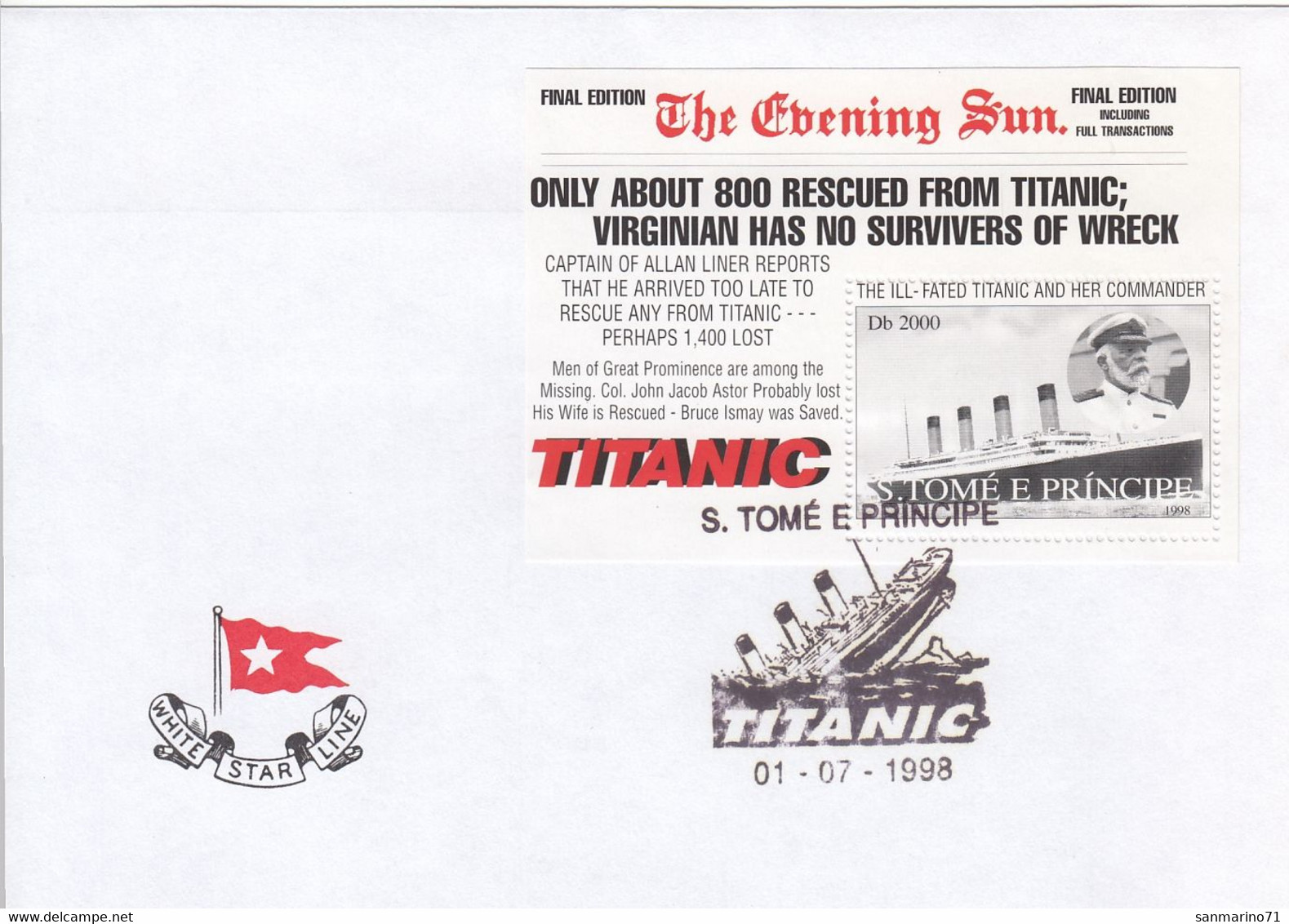 FDC SAO TOME AND PRINCIPE 1795,ships,Titanic - FDC