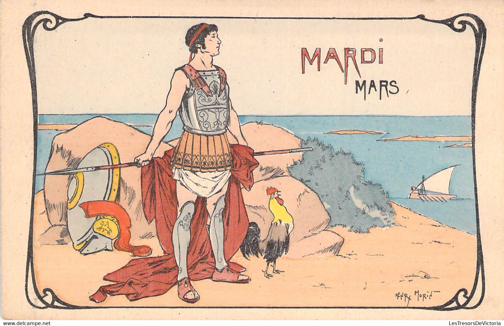 CPA Illustrateur Signé Henri Morin - Mardi Mars Bouclier Lance Et Coq - Jour De La Semaine - Morin, Henri