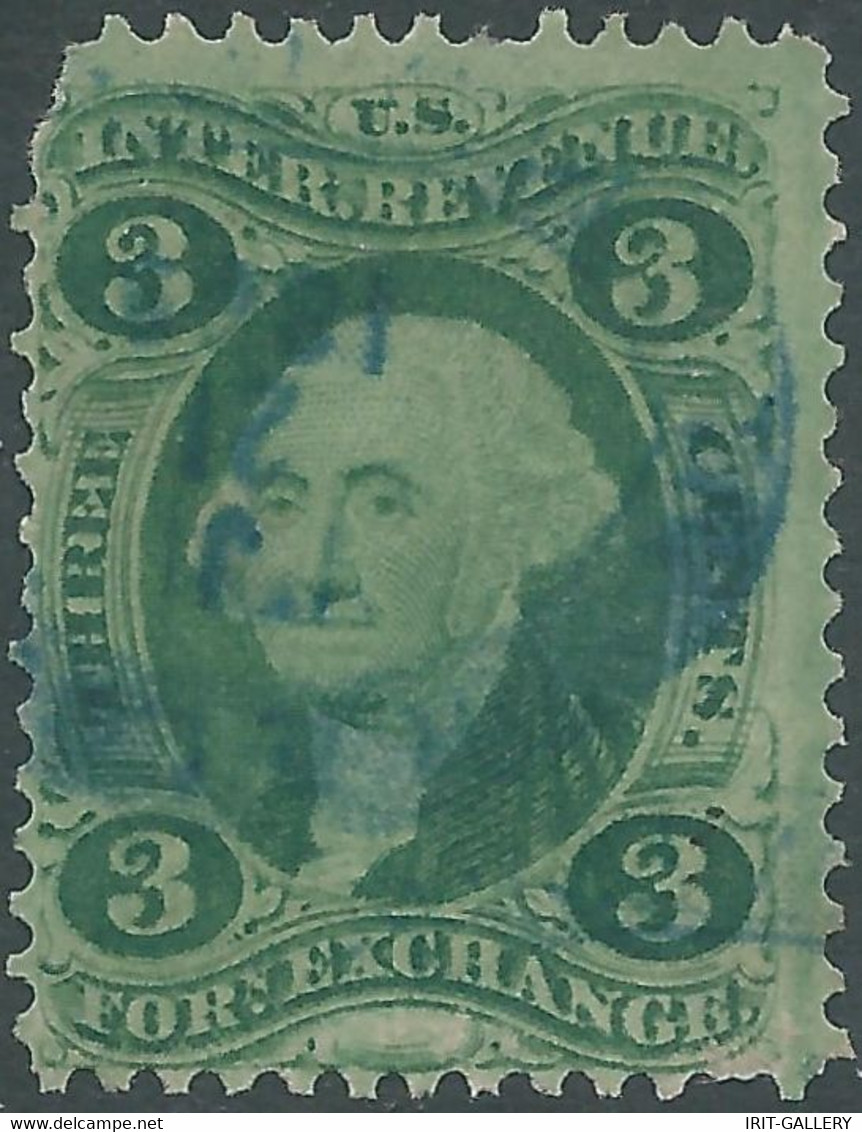 United States,U.S.A,1862Internal Revenue Stamp Tax-Fiscal- Foreign Exchange, Old Paper, Green ,3C,Used - Steuermarken
