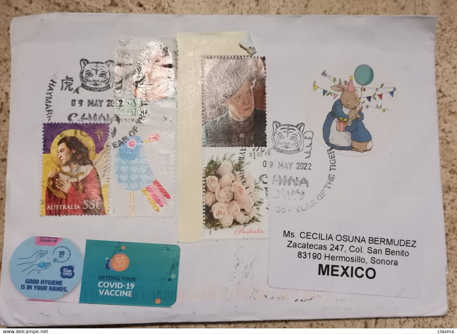 AUSTRALIA TO MEXICO 2022 YEAR OF THE TIGER POSTMARK AND COVID STICKER ON COVER - Used Stamps