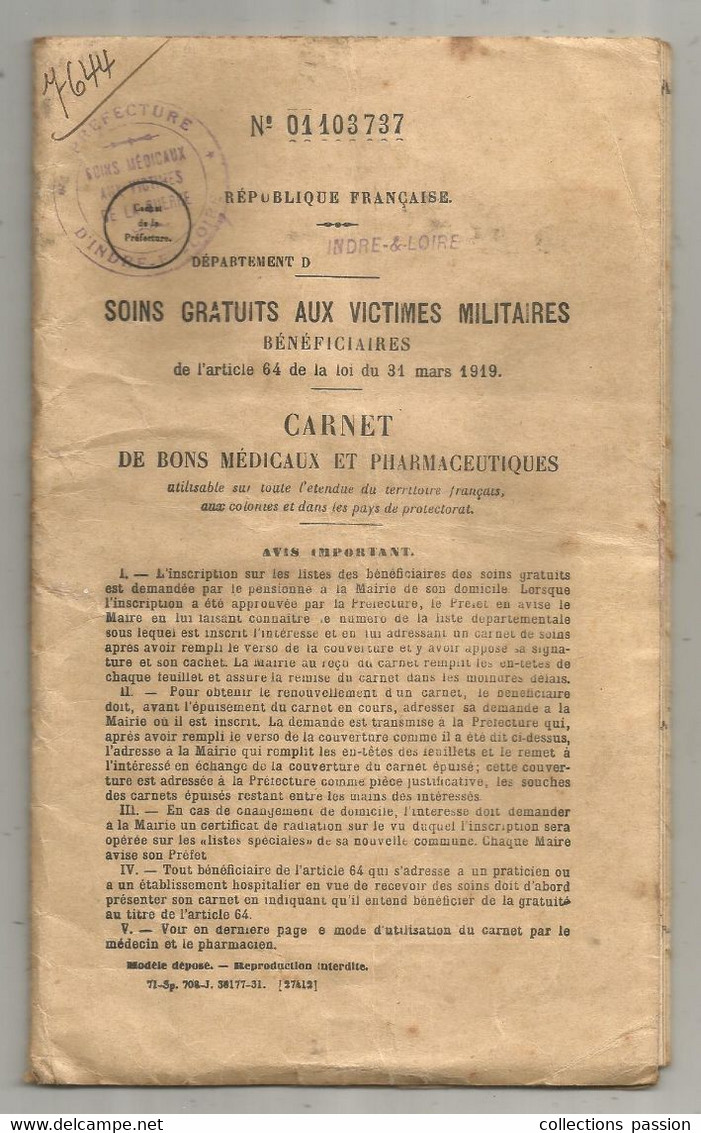 Militaria , Carnet De Bons Médicaux Et Pharmaceutiques ,victimes Militaires, Indre Et Loire ,BOURGUEIL,  Frais Fr 3.95 E - Documentos