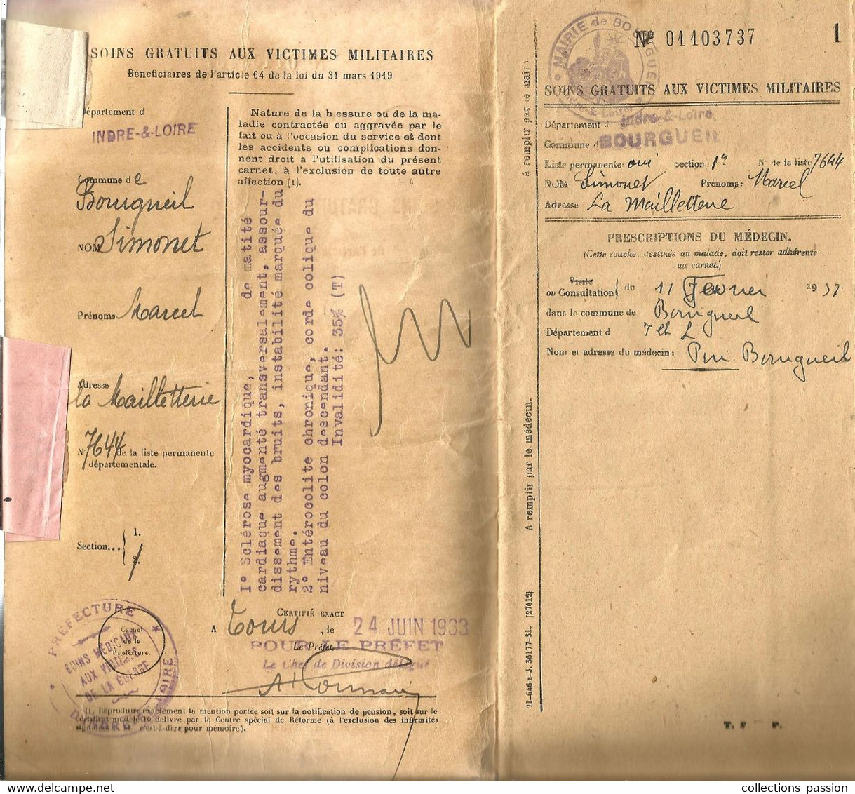 Militaria , Carnet De Bons Médicaux Et Pharmaceutiques ,victimes Militaires, Indre Et Loire ,BOURGUEIL,  Frais Fr 3.95 E - Documenti