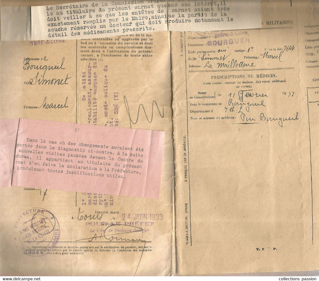 Militaria , Carnet De Bons Médicaux Et Pharmaceutiques ,victimes Militaires, Indre Et Loire ,BOURGUEIL,  Frais Fr 3.95 E - Documenti