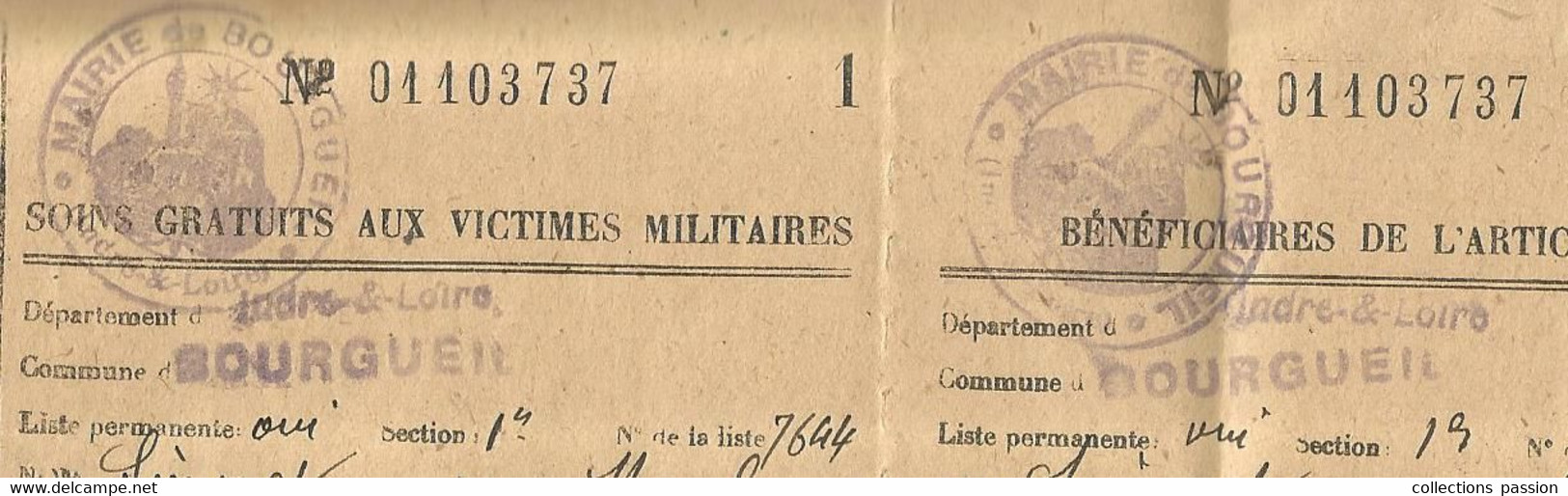 militaria , carnet de bons médicaux et pharmaceutiques ,victimes militaires, Indre et Loire ,BOURGUEIL,  frais fr 3.95 e