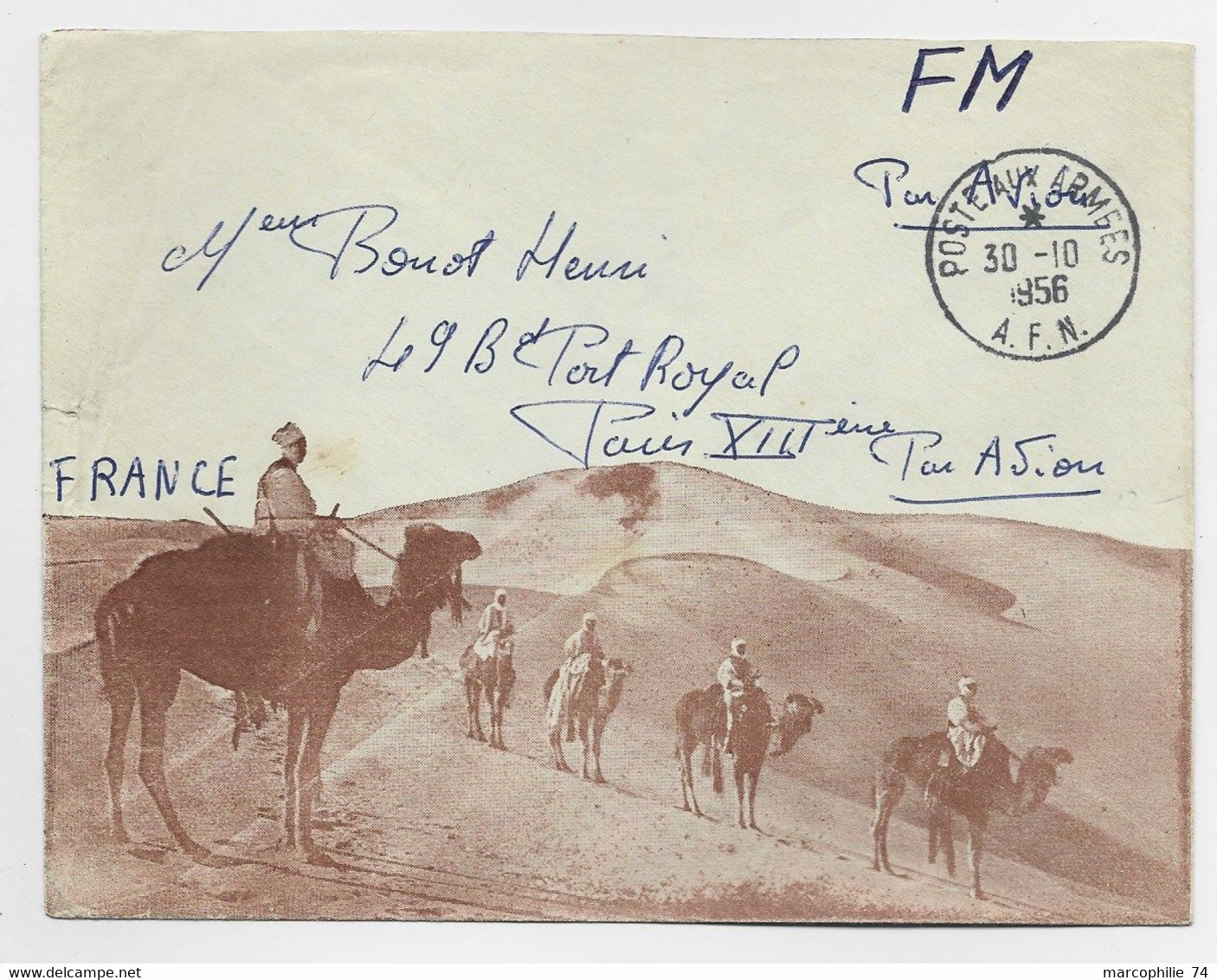 GUERRE ALGERIE LETTRE EN FM AVION  ILLUSTRATION BEDOUINS + POSTE AUX ARMEES 30.10.1956 A.F.N. - Guerra D'Algeria