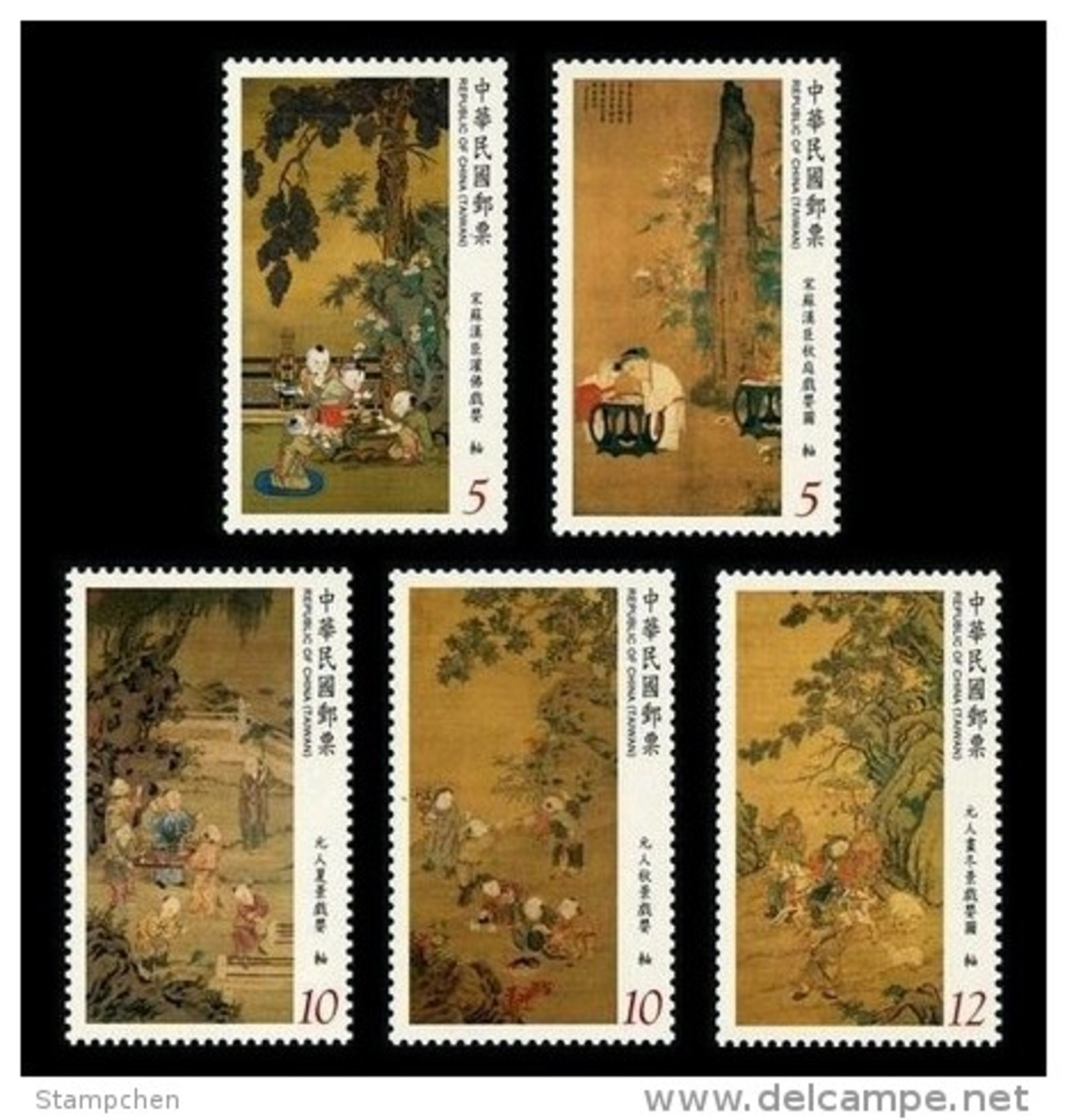 Taiwan 2014 Ancient Chinese Painting-Children At Play Stamps Buddha Summer Autumn Winter Rock Chrysanthemum Flower - Unused Stamps