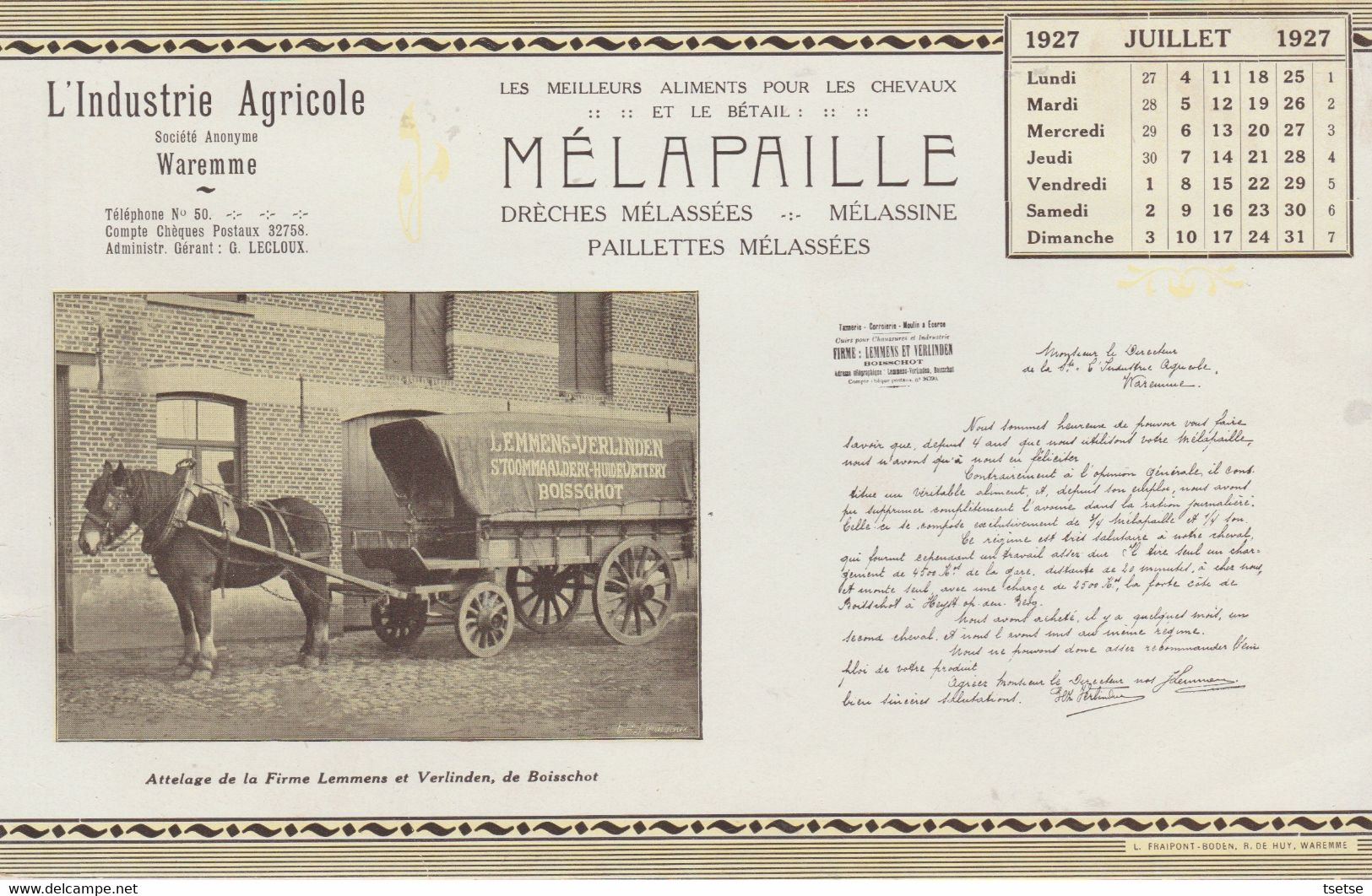 Carton Publicitaire - Mélapaille à Waremmme / Photo Firme  Attelage Lemmens & Verlinden -Booischot -1927 - Pubblicitari