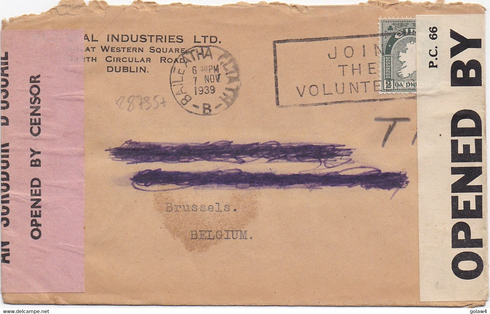28735# IRLANDE LETTRE CENSURE GAELIQUE AN SCRUDOIR D' OSCAIL OPENED BY CENSOR Obl BAILE ATHA CLIATH 1939 BELGIQUE BELGIE - Briefe U. Dokumente