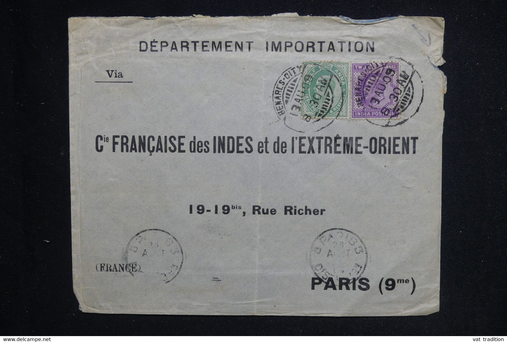 INDES ANGLAISES - Enveloppe Commerciale De Benares City Pour Paris En 1909 - L 124136 - 1902-11  Edward VII