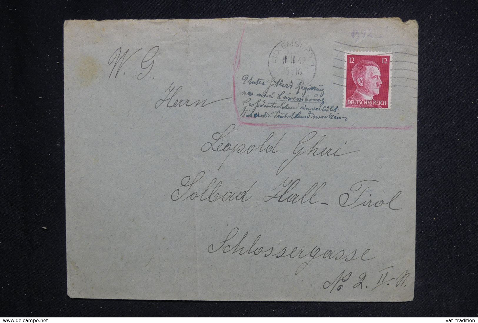 LUXEMBOURG - Enveloppe De Luxembourg En 1942 Pour Hall En Tyrol, Affranchissement Allemand - L 124137 - 1940-1944 Occupazione Tedesca