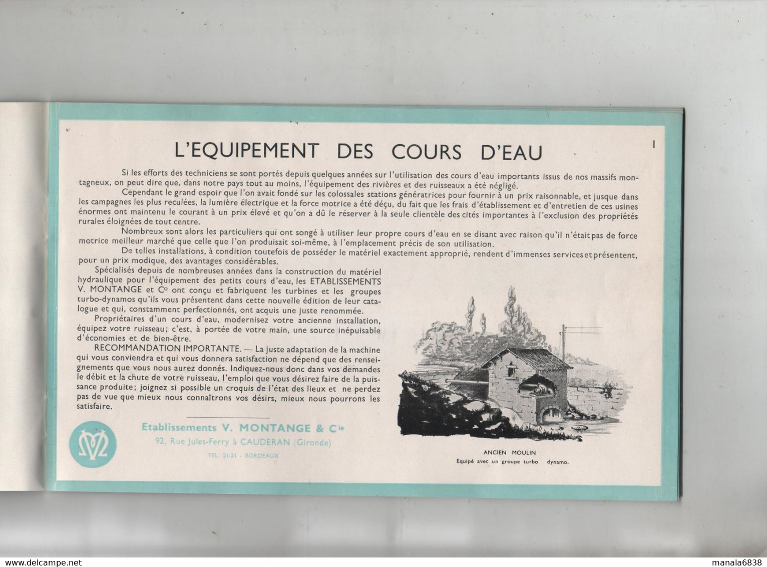 Montange Matériel Hydraulique Turbines Et Groupes Turbo Dynamos Caudéran Bordeaux Lettre Publicitaire - Bricolage / Tecnica