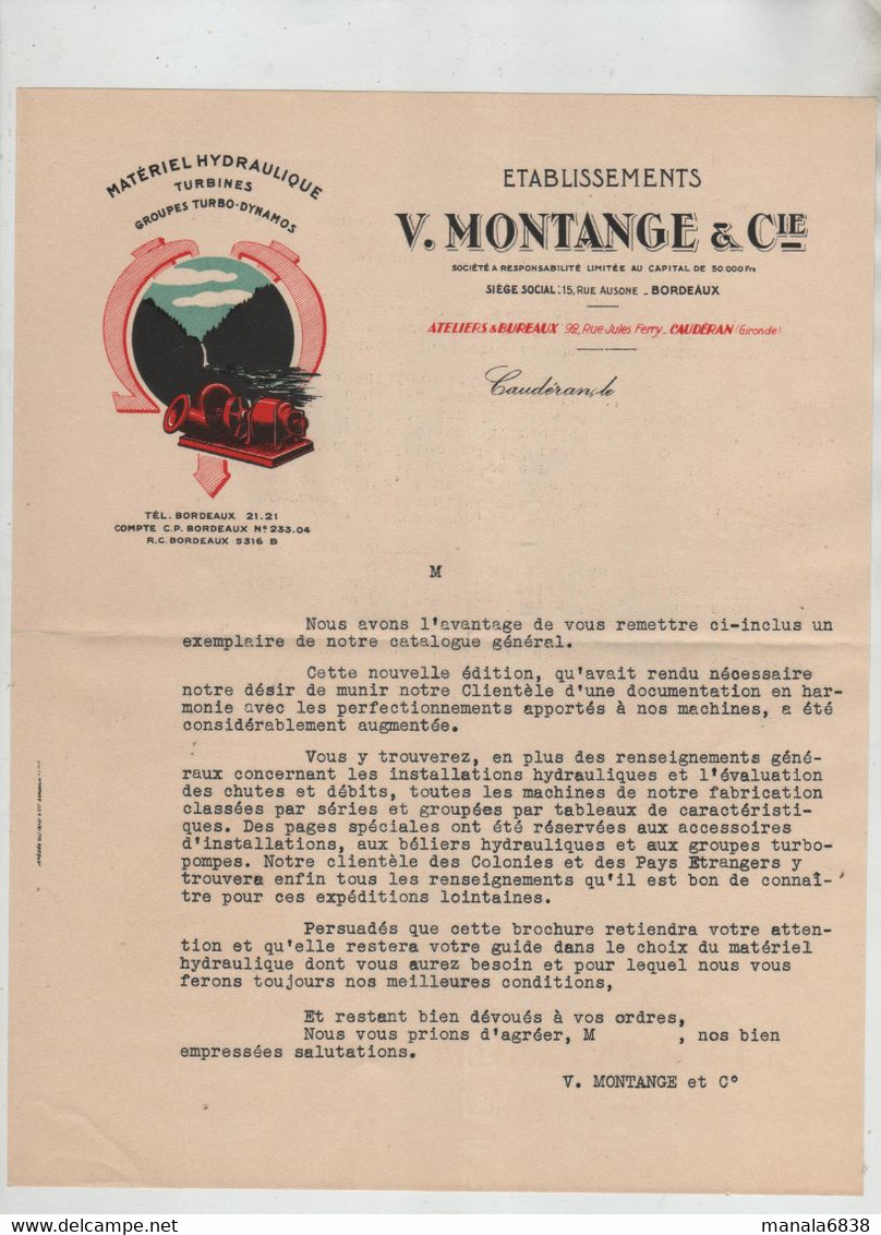 Montange Matériel Hydraulique Turbines Et Groupes Turbo Dynamos Caudéran Bordeaux Lettre Publicitaire - Bricolage / Technique