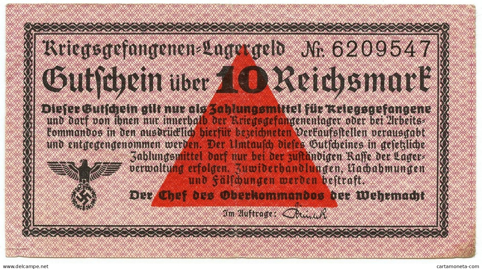 10 REICHSMARK PRIGIONIERI DI GUERRA WWII GERMANIA LAGERGELD 1939-1945 BB+ - Other & Unclassified