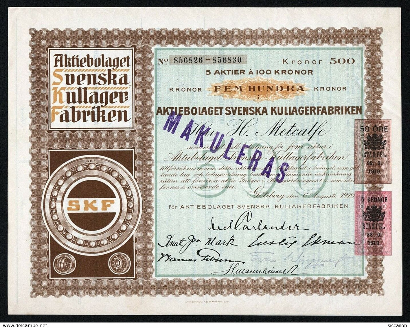 1919 Göteborg, Sweden: SKF - Aktiebolaget Svenska Kullagerfabriken, SEK 500 - Industrie