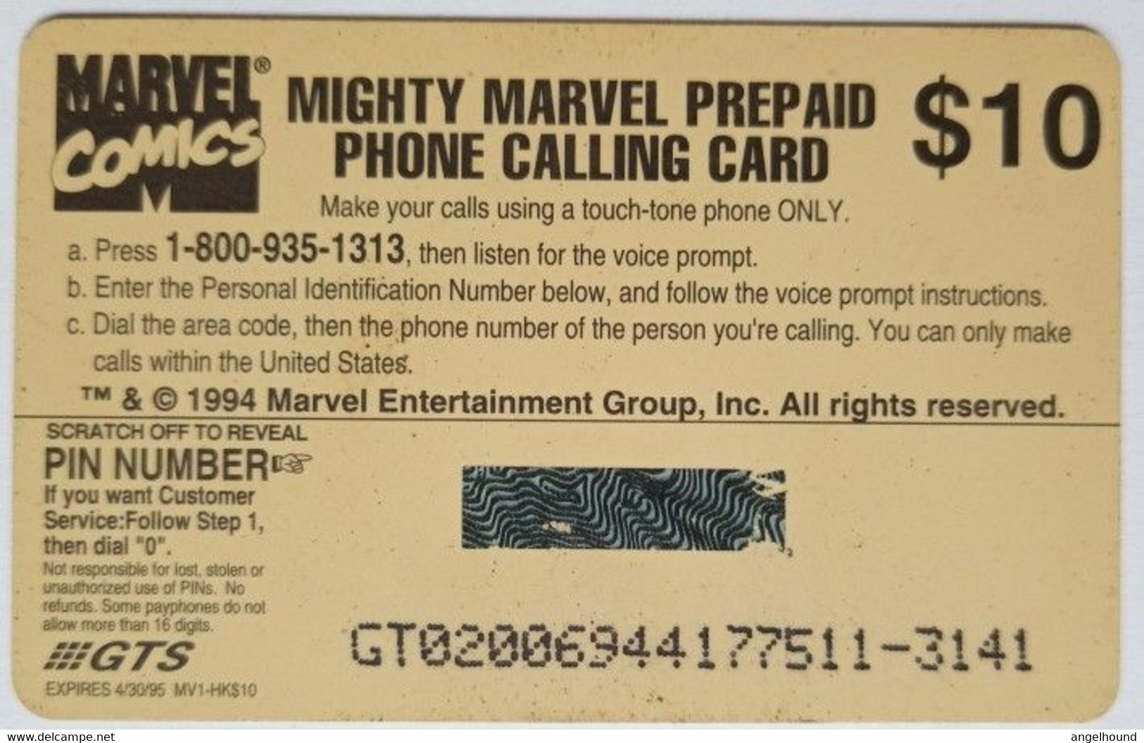 USA GTS $10 Mighty Marvel Prepaid " Marvel Comics Hulk  " - GTS