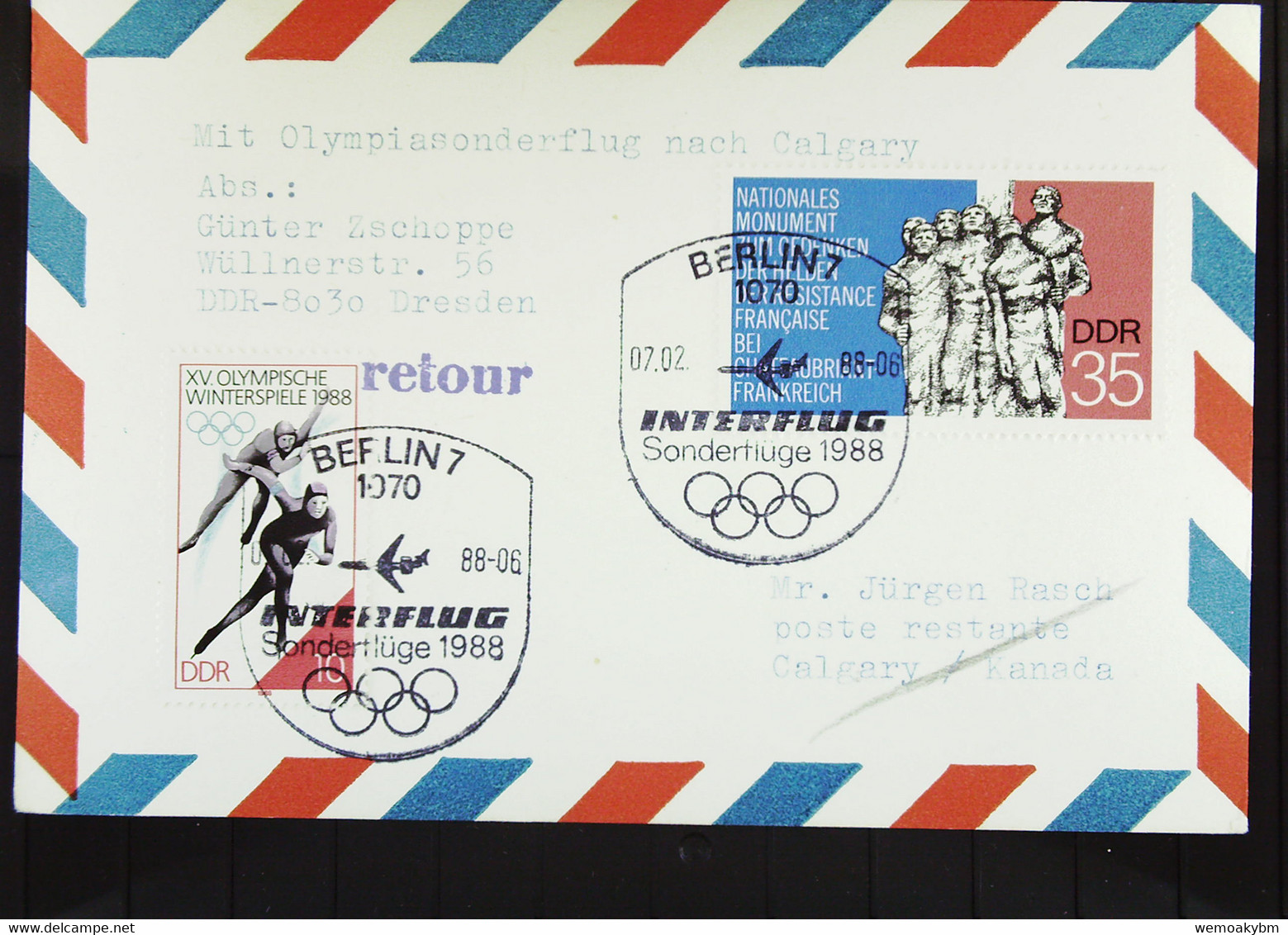 Luftpost-Karte Zu Den Olymp. Spielen 1988 Nach Calgary So-St. 1070 Berlin 7.2.88. Letzte Teilnahme Eines DDR-Teams Wi - Luftpost