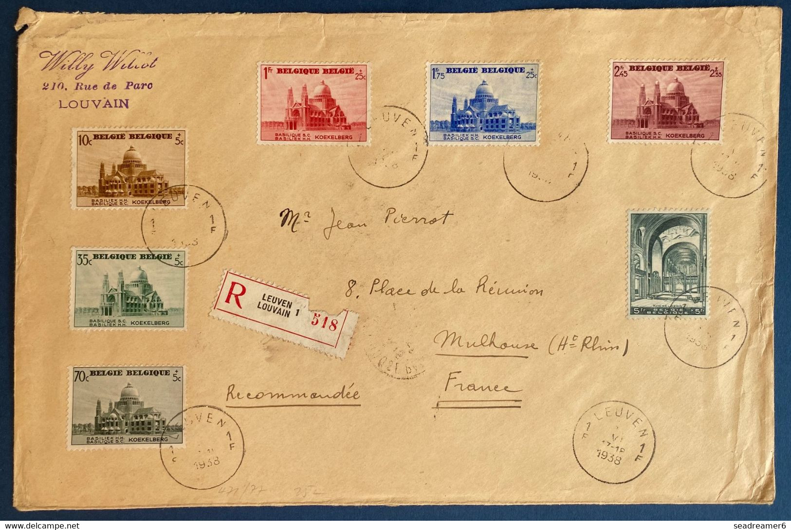 Belgique 6 lettres recommandées avec series completes des années 1936 à 1938 TTB