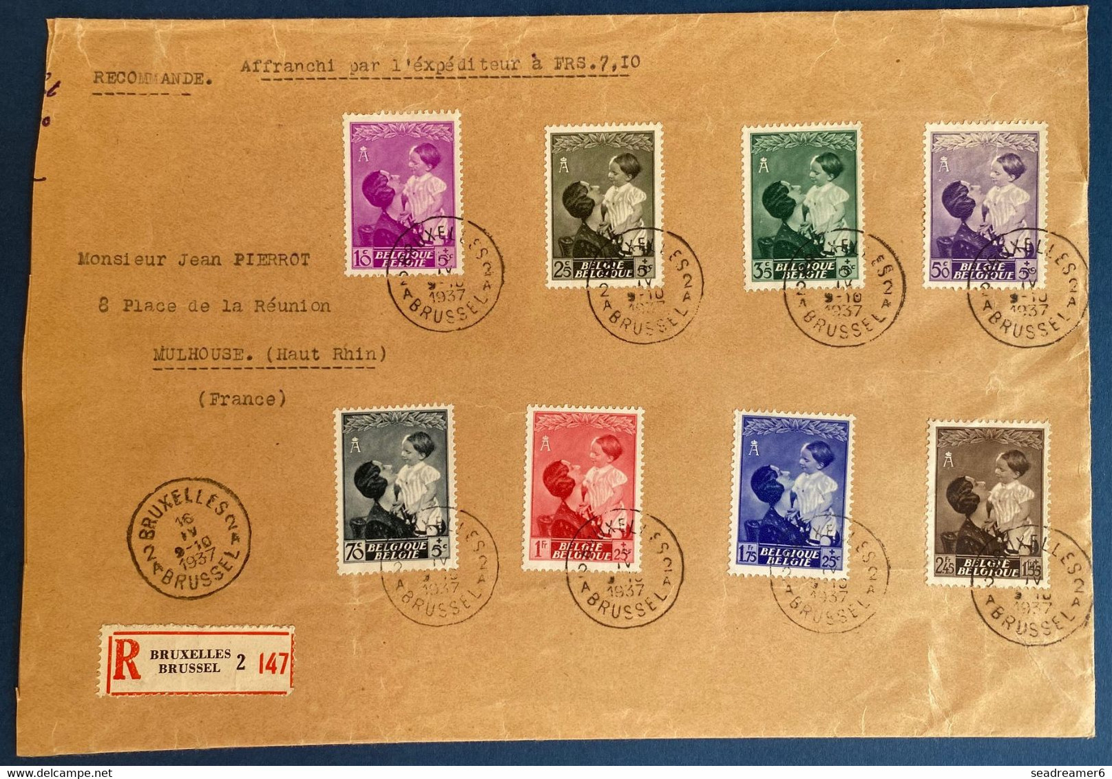 Belgique 6 lettres recommandées avec series completes des années 1936 à 1938 TTB
