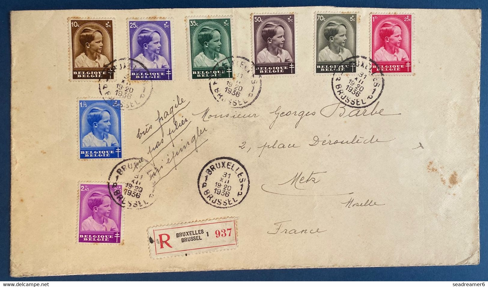 Belgique 6 lettres recommandées avec series completes des années 1936 à 1938 TTB