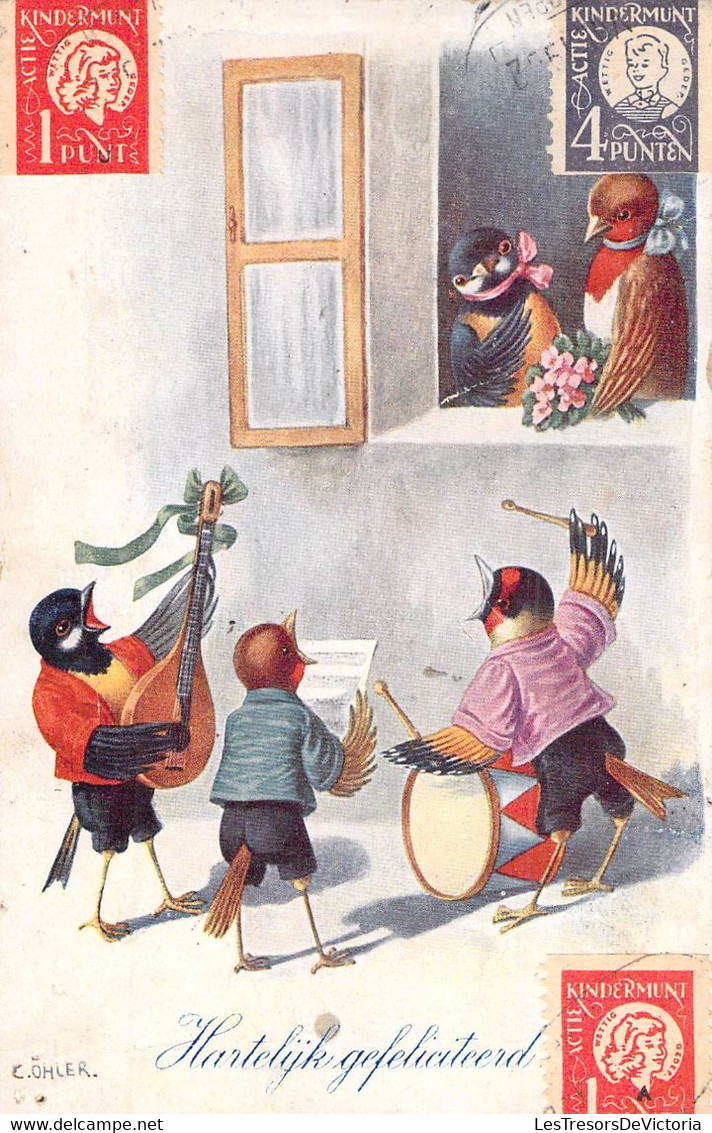 Timbres D'épargne Actie Kindermunt Punt 1 Et 4 Punten Sur Jolie CPA Chorale D'oiseaux Habillés - Illustration C. OHLER - Other & Unclassified