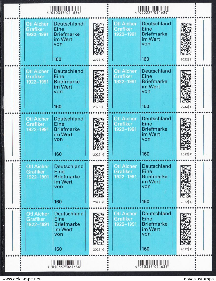 !a! GERMANY 2022 Mi. 3688 MNH SHEET(10) - Otto Aicher, German Graphic Designer - 2021-…