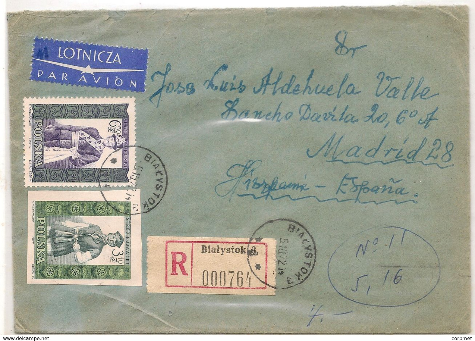 POLAND - 1972 REGISTERED COVER From BIALYSTOK To SPAIN - Tied By Mixed Perf And Imperf COSTUMES FOLKLORIQUES -5 Stamps - Vliegtuigen