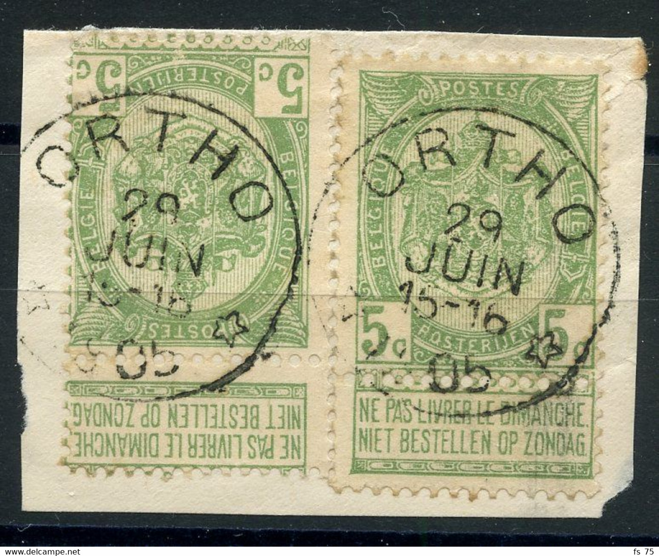 BELGIQUE - COB 83 - 5C VERT JAUNE X 2 RELAIS ORTHO - 1893-1907 Stemmi