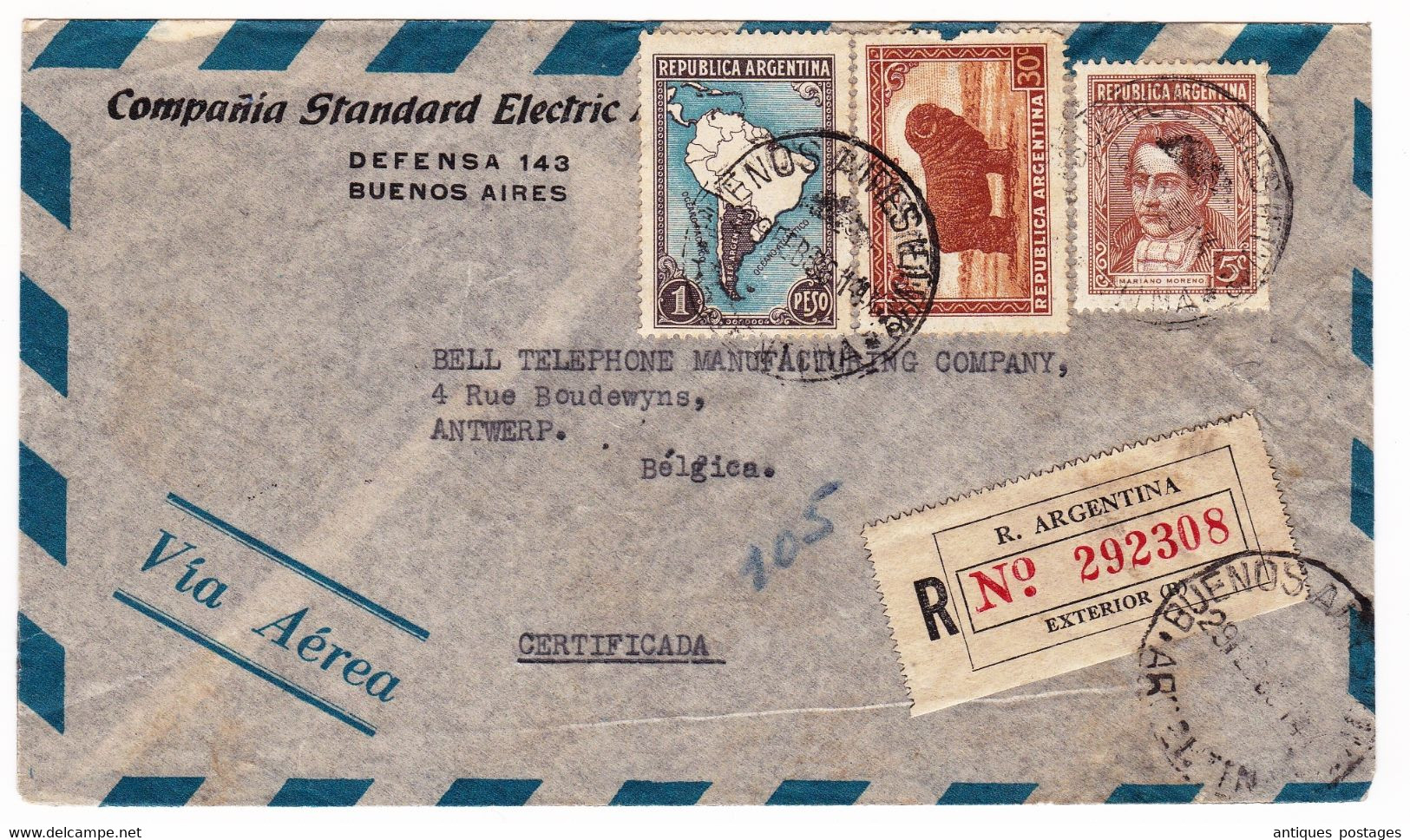 Certificada 1936  Buenos Aires Argentine Argentina Anvers Belgique Compañia Standard Electric Argentina Via Aérea - Briefe U. Dokumente