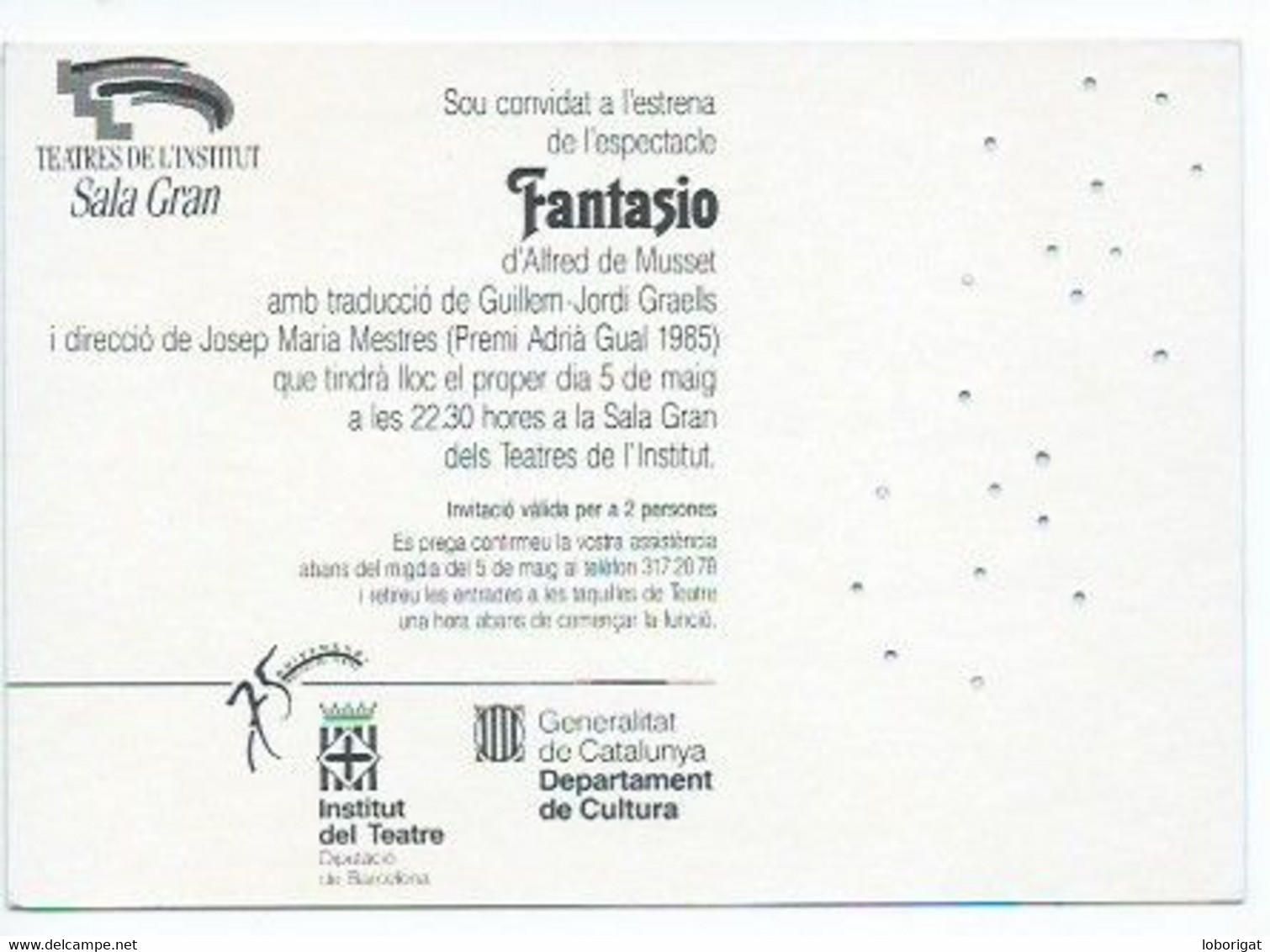 " FANTASIO ".- ALFRED MUSSET.- SALA GRAN INSTITUD DEL TEATRE.- ANY 1985 - Inaugurations