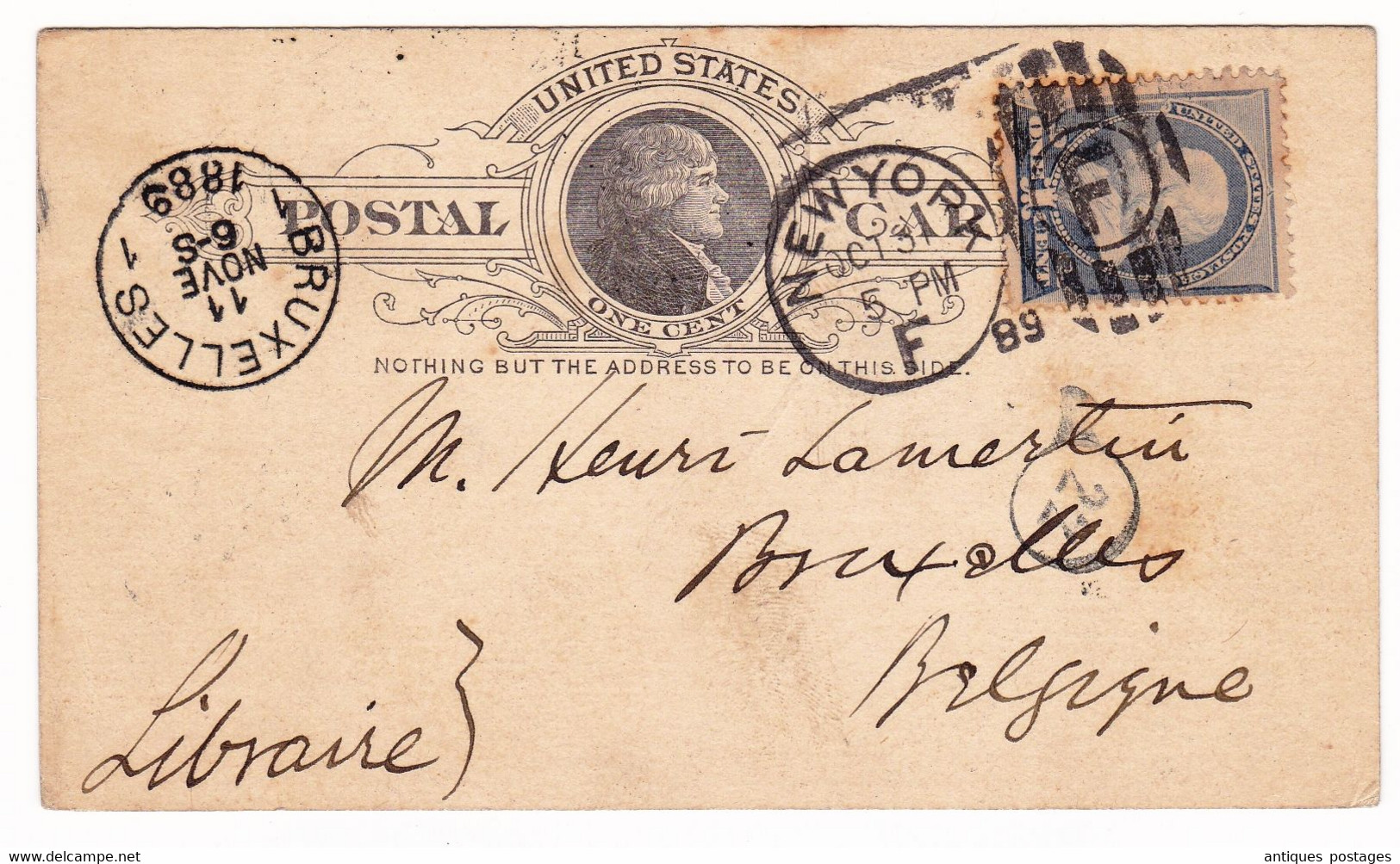 Postal Stationery 1889 One Cent Thomas Jefferson New York USA Bruxelles Belgique Henri Lamerlin Librairie - ...-1900