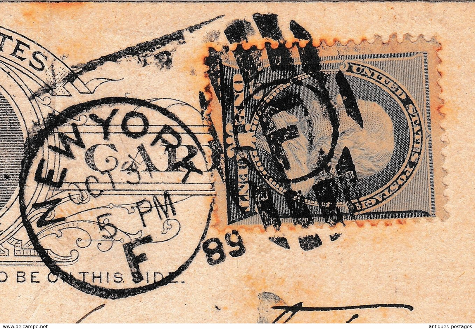 Postal Stationery 1889 One Cent Thomas Jefferson New York USA Bruxelles Belgique Henri Lamerlin Librairie