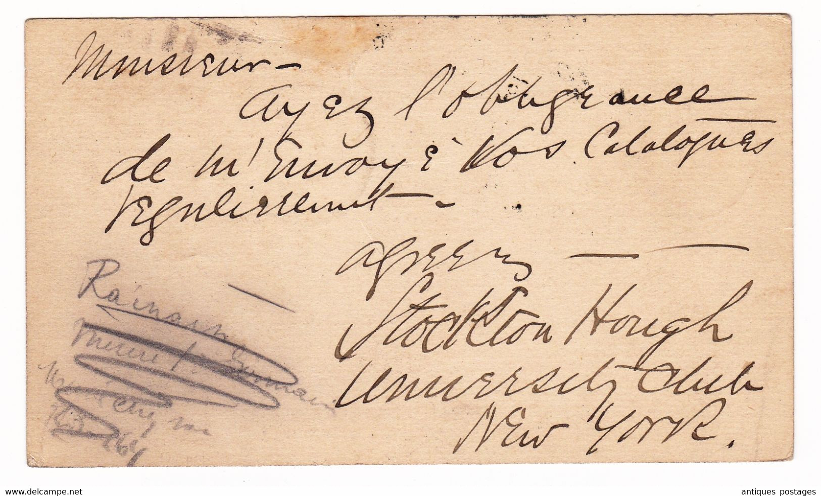 Postal Stationery 1889 One Cent Thomas Jefferson New York USA Bruxelles Belgique Henri Lamerlin Librairie