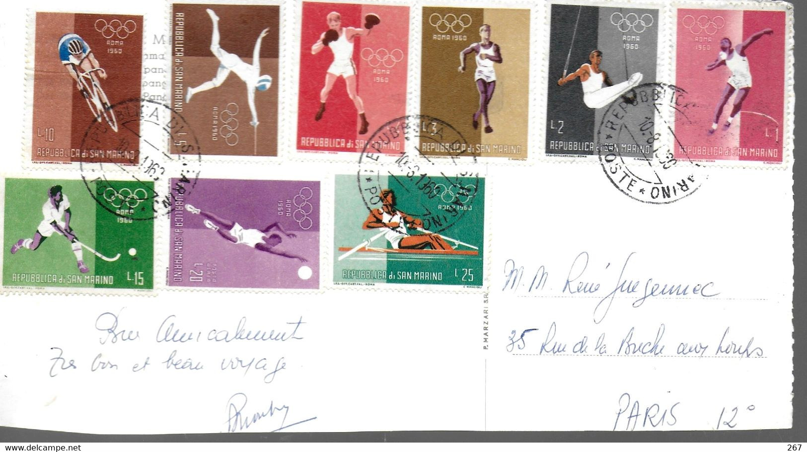 SAINT MARIN Carte 1960 Jo Cyclisme Escrime Boxe Marche Basket Aviron Hockey Sur Gazon Gymnastique Poids - Hockey (Field)