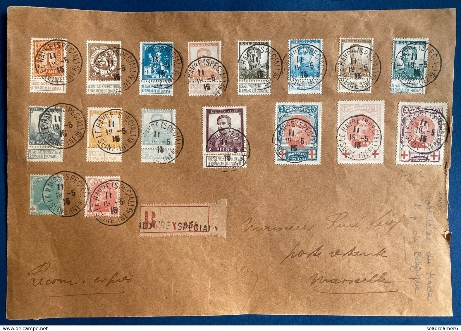 Belgique Grande Lettre 1915 Du Gouvernement Belge En Exil Au Havre Serie Albert 1er + Croix Rouge Dont N°134a Dent 12 R - 1914-1915 Rode Kruis