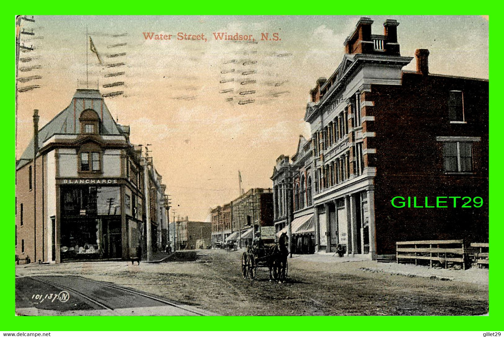 WINDSOR, NOVA SCOTIA - WATER STREET - ANIMATED WITH CARRIAGE - TRAVEL IN 1907 -  PUB. BY H.E. WILSON - - Windsor