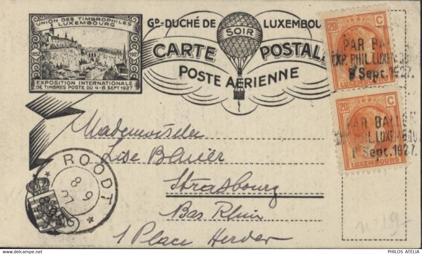 Carte Postale Poste Aérienne Soir YT Luxembourg N° 166 X2  Oblit Par Ballon Exp Phil Luxembourg 8 SEPT 1927 Roodt 8 9 27 - Brieven En Documenten