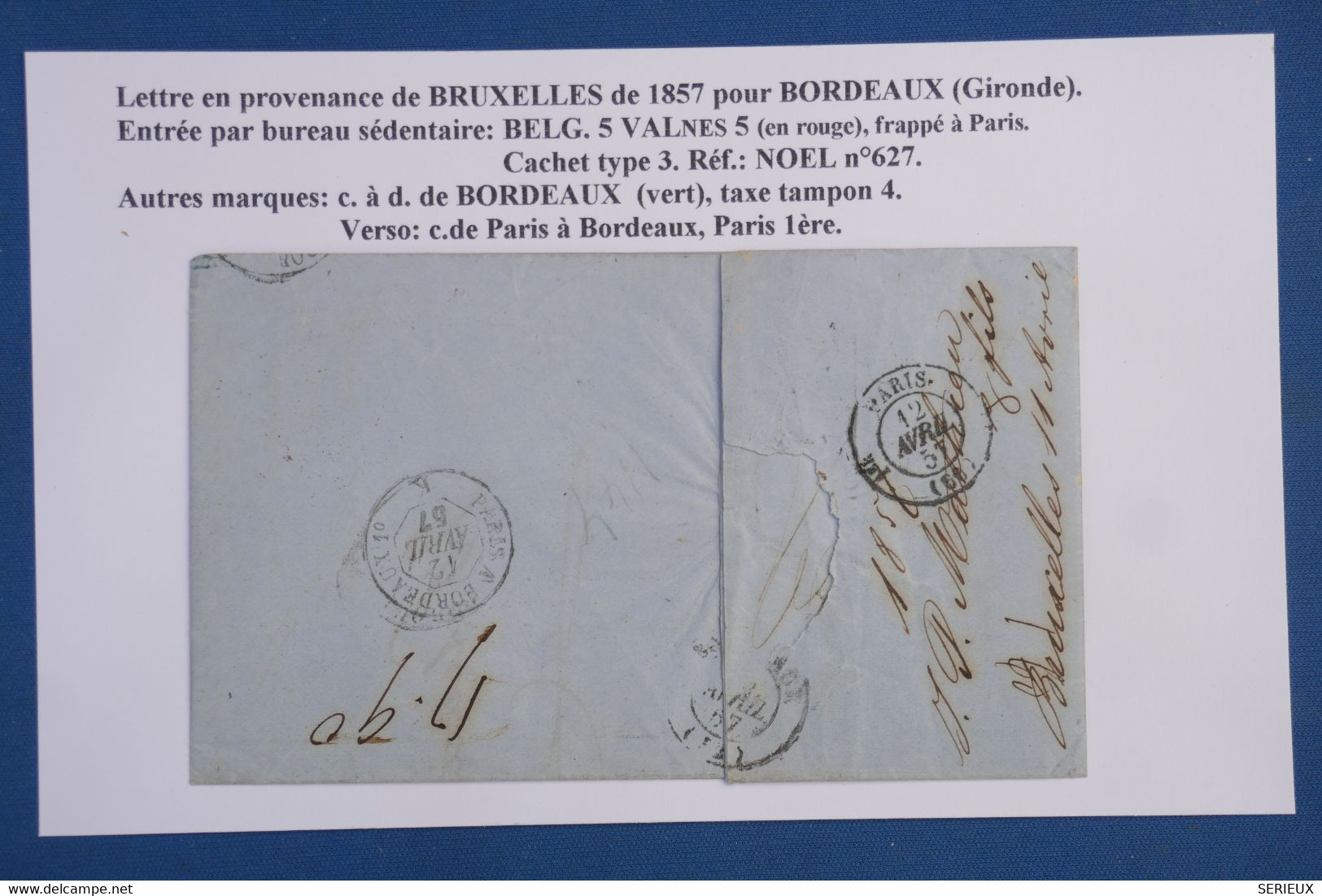 AY1 BELGIQUE   BELLE LETTRE 1857  BRUXELLES  A   BORDEAUX    FRANCE  +.CACHET ROUGE   + AFFRANCH.  INTERESSANT - Autres & Non Classés