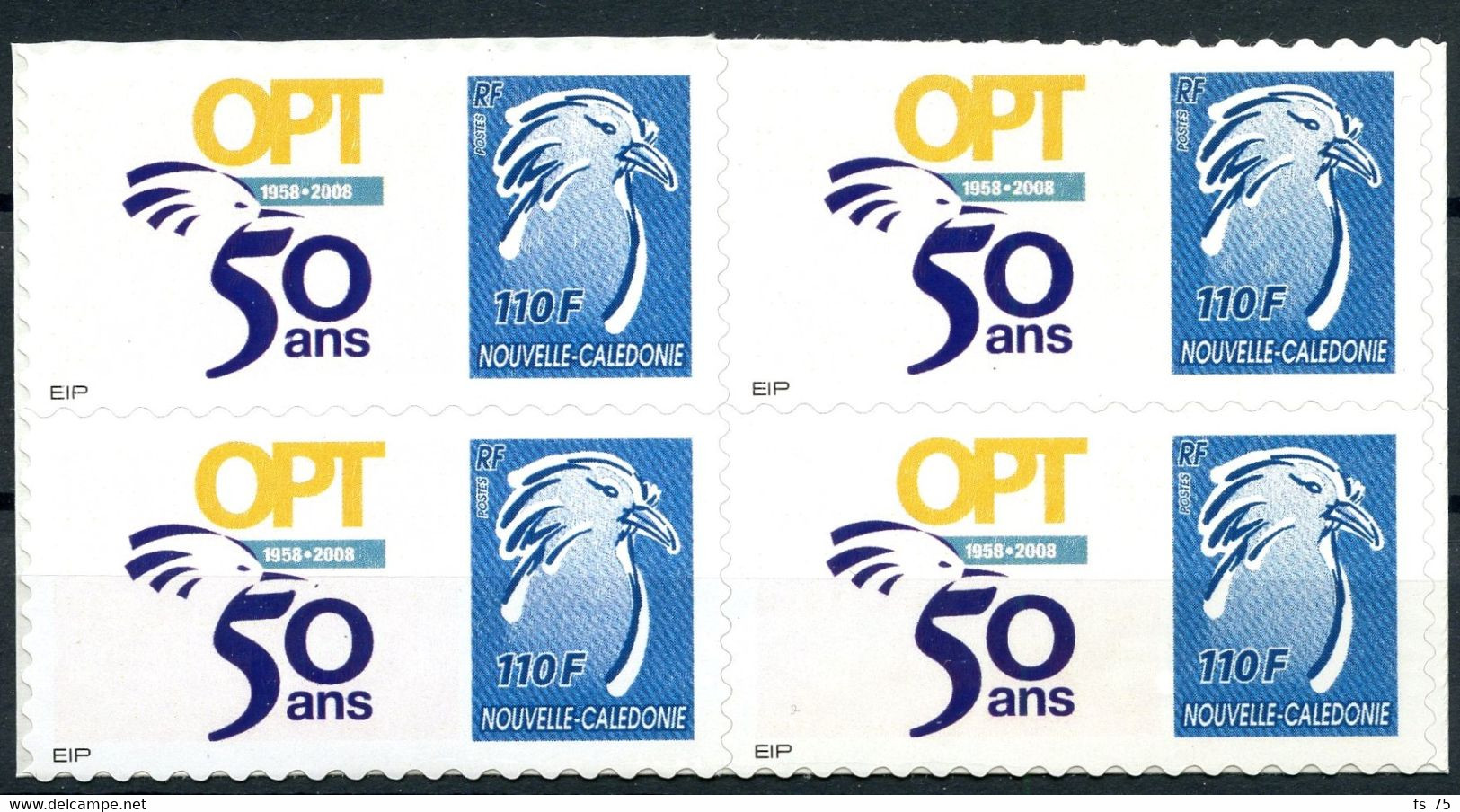 NOUVELLE CALEDONIE - N°1051 / 1052 - BLOCS DE 4 - TIMBRES PERSONNALISES ADHESIFS - CAGOU, LOGO "OPT" - Unused Stamps