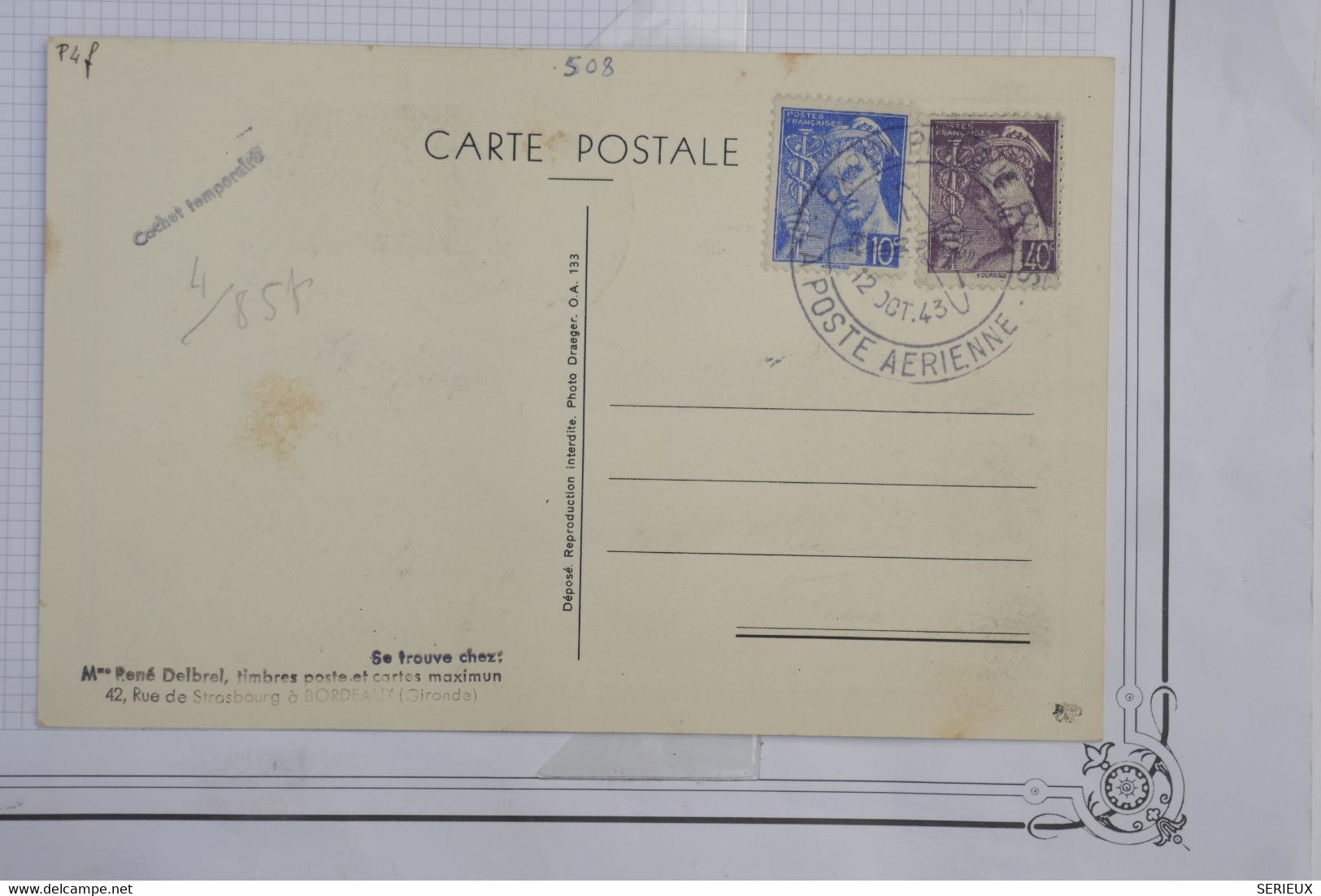 AY1 FRANCE  BELLE CARTE  1943 EXPO POSTE AERIENNE +.MERCURE +PETAIN  MAXIM.++ AFFRANCH.  PLAISANT - 1927-1959 Lettres & Documents