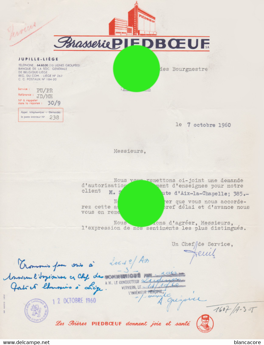 Jupille 1960 Brasserie PIEDBOEUF Document De Demande Pour Le Placement D'une Enseigne Bière Bières Piedboeuf - Food