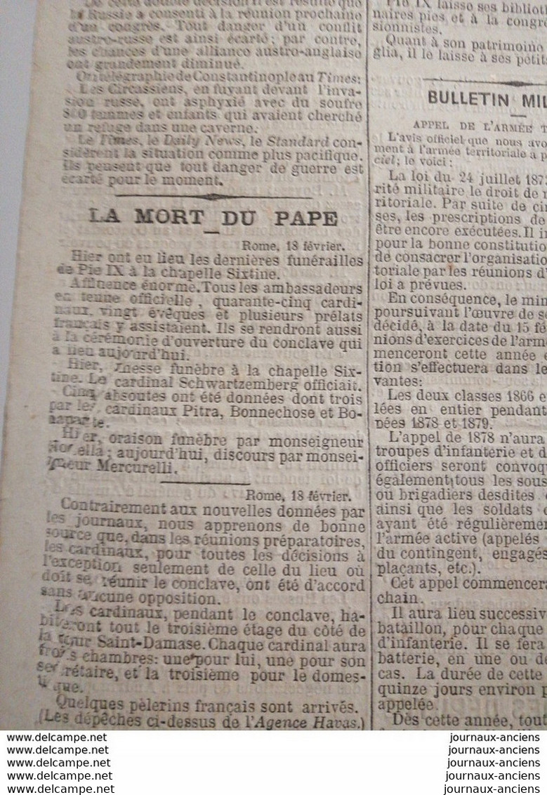 1878 LE PETIT JOURNAL - LA MORT DU PAPE PIE IX - BULLETIN MILITAIRE - Sin Clasificación