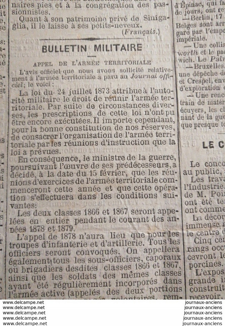 1878 LE PETIT JOURNAL - LA MORT DU PAPE PIE IX - BULLETIN MILITAIRE - Sin Clasificación