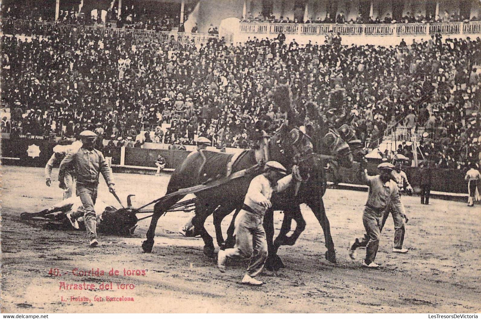 CPA Corrida De Toros - Arrastre Del Toro - Roisin Barcelona - Chevaux - Carte Carnet - Corrida